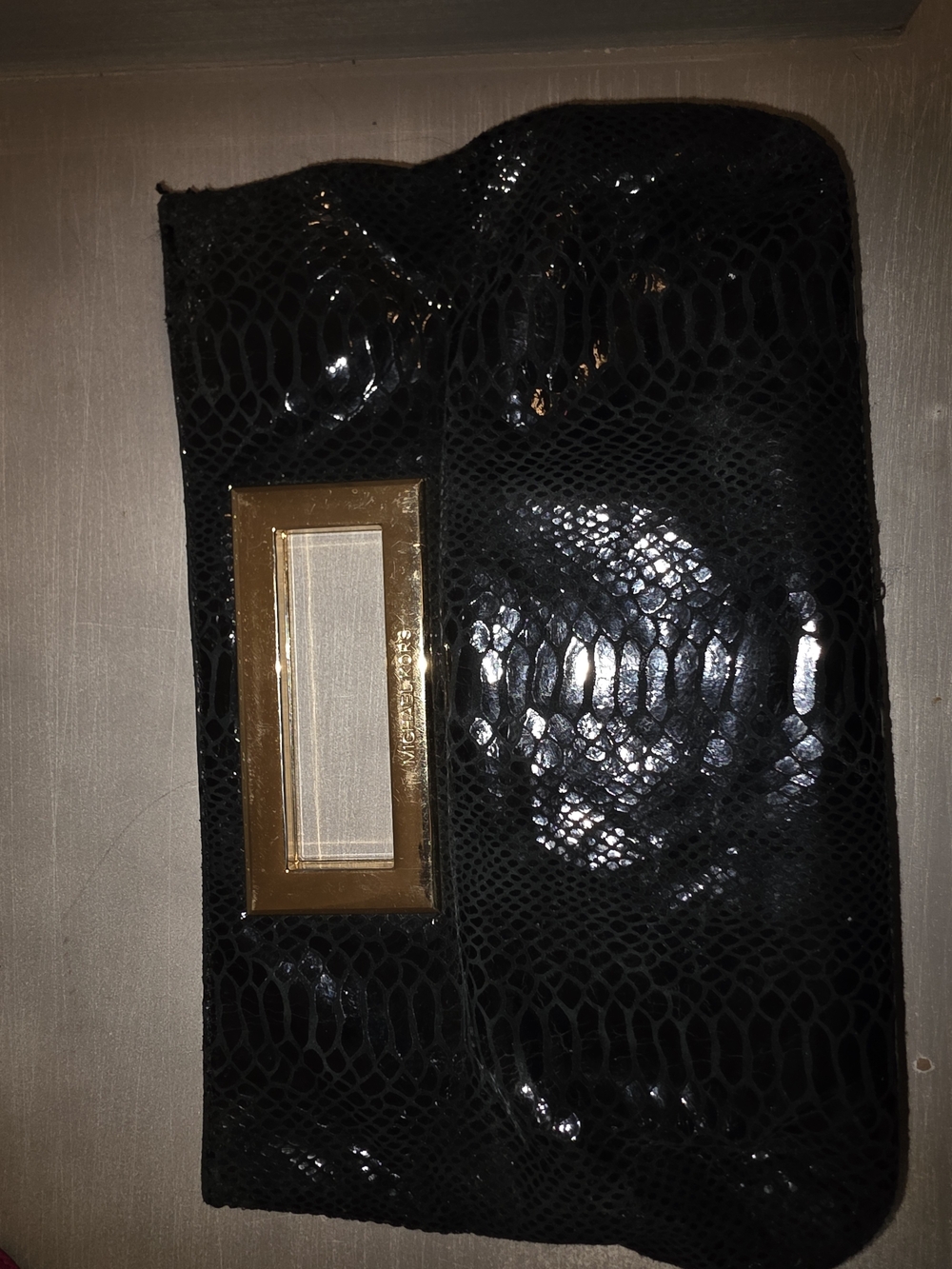 Michael Kors Black Patent Croc-Embossed Clutch with Gold Accent